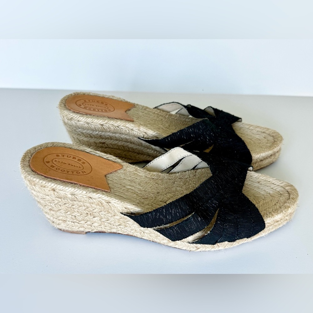 Stubbs & Wootton Grace Espadrille Sandal Slip On Peep Toe Black / Metallic Sz 8